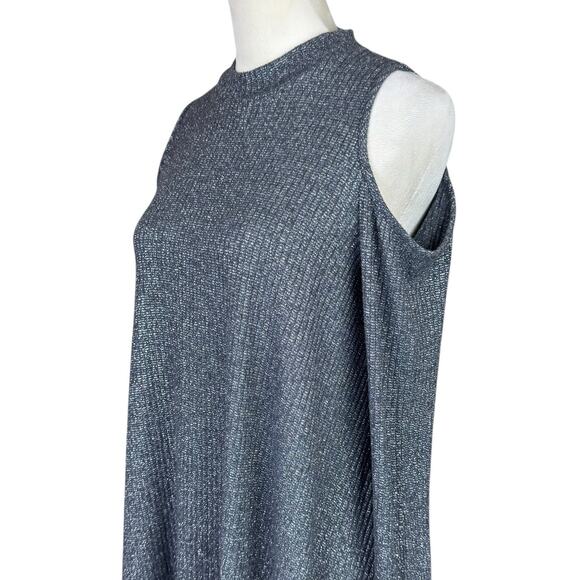 Soprano Gray & Silver Sparkle Cold Shoulder Long Sleeve Knit Swing Dress - Picture 4 of 10